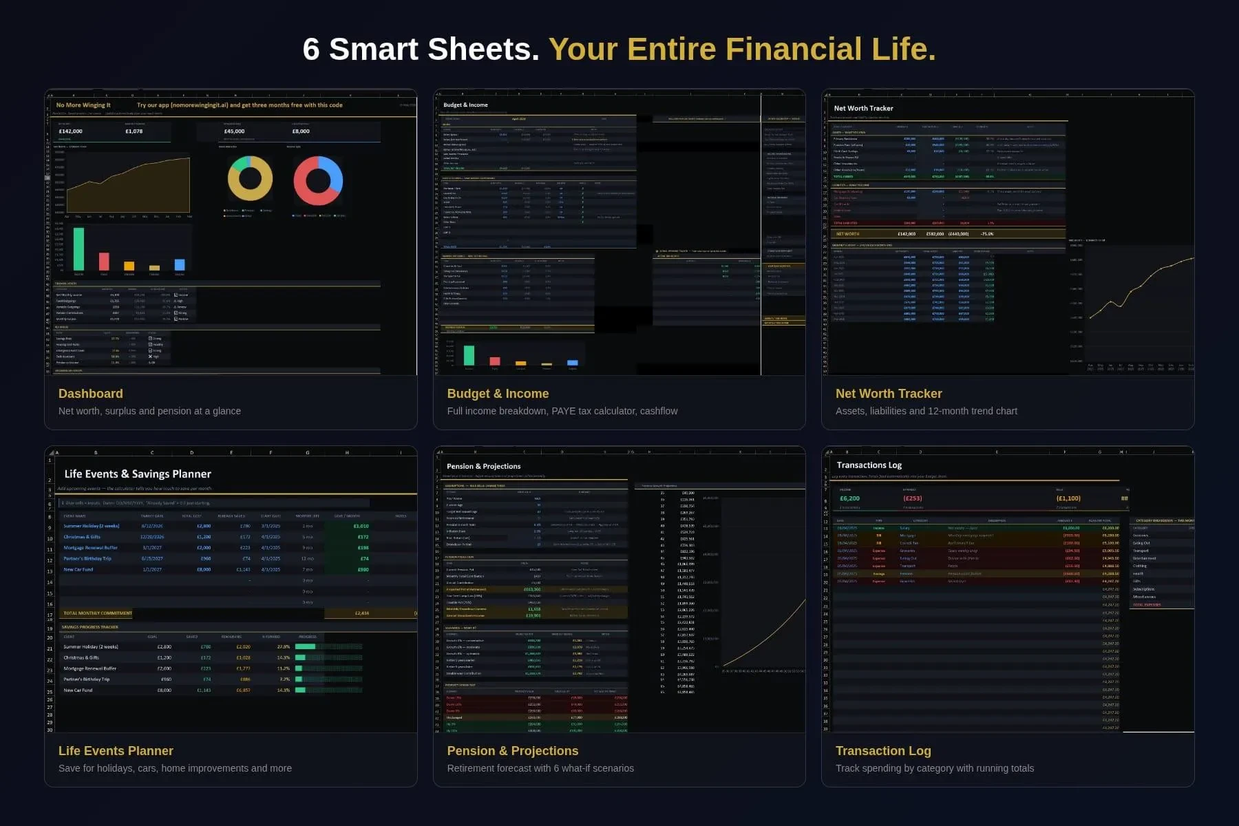 6 smart sheets: Dashboard, Budget & Income, Net Worth Tracker, Life Events Planner, Pension & Projections and Transaction Log.