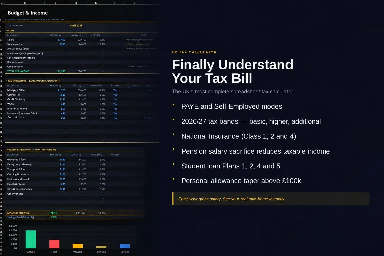 UK tax calculator on the Budget & Income sheet: PAYE and self-employed modes, 2026/27 tax bands, National Insurance, pension salary sacrifice, student loan plans and the personal allowance taper above £100k.