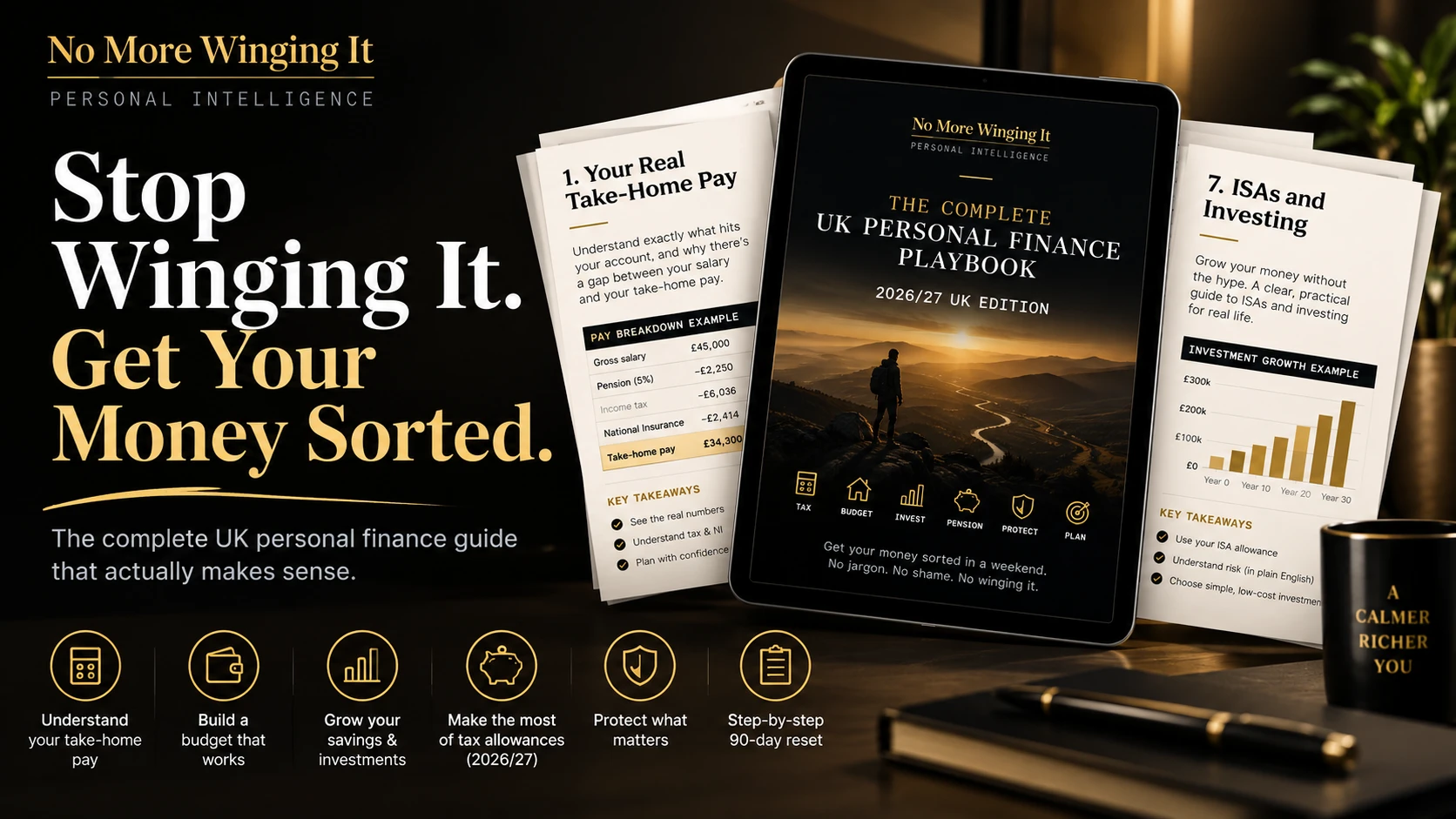 Stop Winging It. Get your money sorted. The complete UK personal finance playbook, 2026/27 UK edition — understand your take-home pay, build a budget that works, grow your savings and investments, make the most of tax allowances, protect what matters, and a step-by-step 90-day reset.
